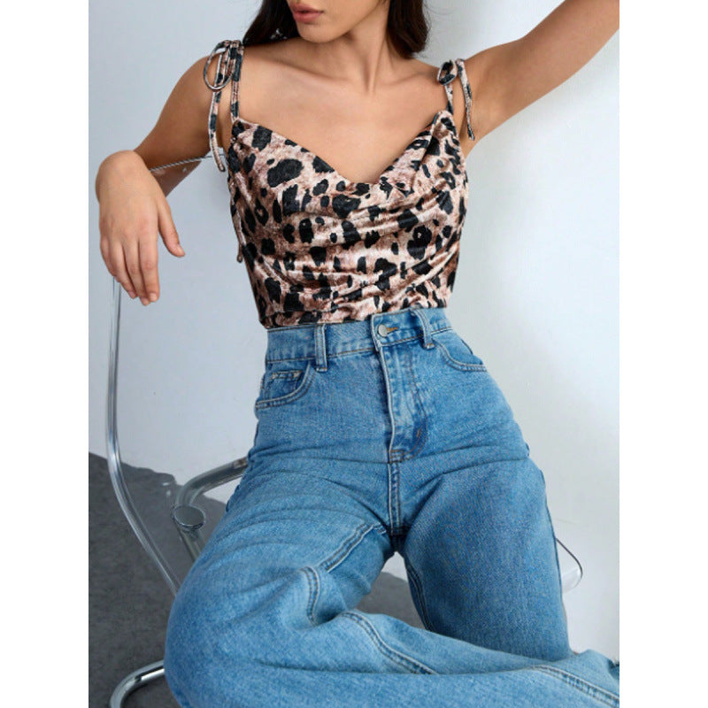 Damen Elegantes Leopardenmuster Spaghetti-Top mit gerafftem Detail R&B