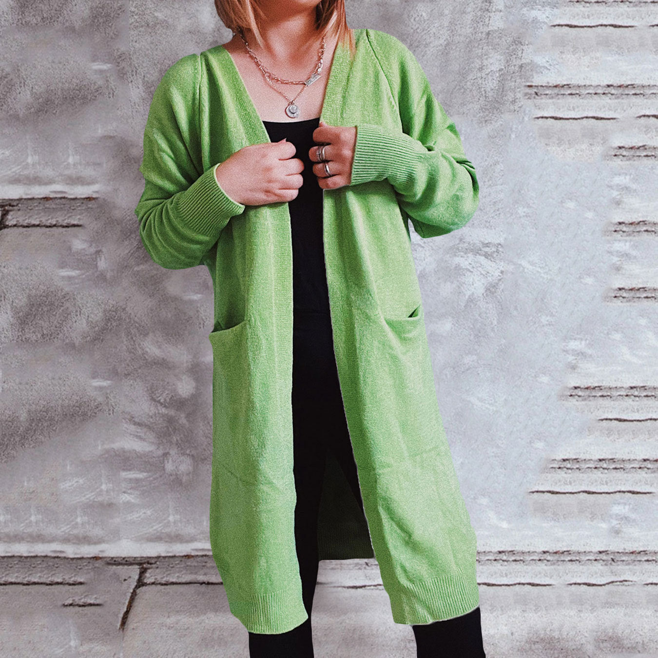 Damen lässiger Strickcardigan mit offenen Fronten und praktischen Taschen R&B