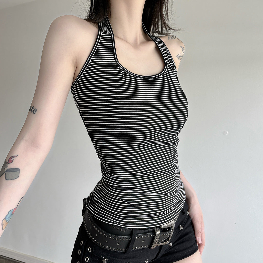 Damen Sportliches Haltertop mit breitem Kragen und feinen Streifen R&B