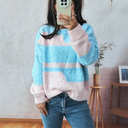Damen Grobstrickpullover mit modischem Streifenmuster und weitem Schnitt R&B