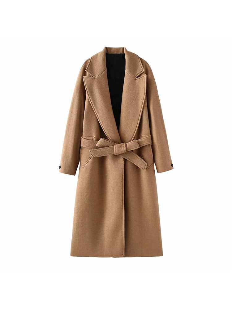 Damen modischer Oversized-Mantel mit Gürtel und Taschen R&B