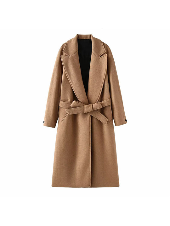 Damen modischer Oversized-Mantel mit Gürtel und Taschen R&B