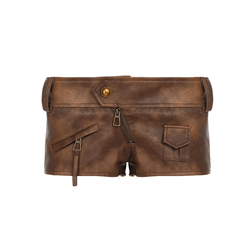 Damen Modische Shorts aus Kunstleder mit praktischen Taschen und dekorativen Reißverschlüssen R&B