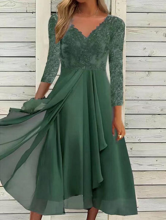Damen nan Spitzenoberteil-Midikleid mit V-Ausschnitt, mehrlagigem Chiffonrock und halblangen Ärmeln R&B