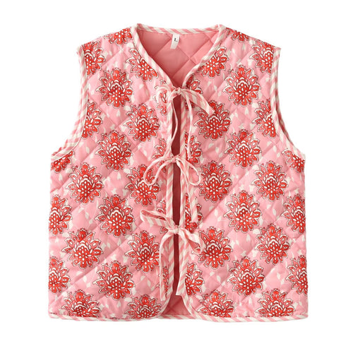Damen gestepptes Weste mit floralem Muster und eleganten Bindebändern R&B