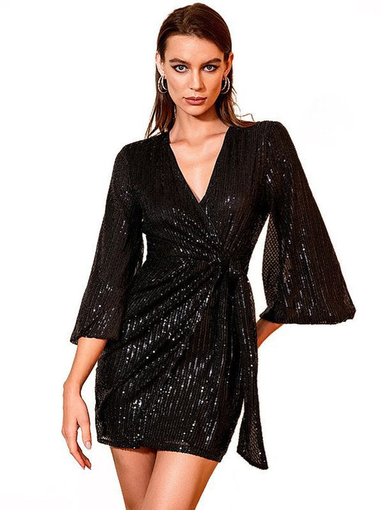 Damen Glitzerndes Wickelkleid mit langen Ärmeln und hohe Beinschlitz R&B