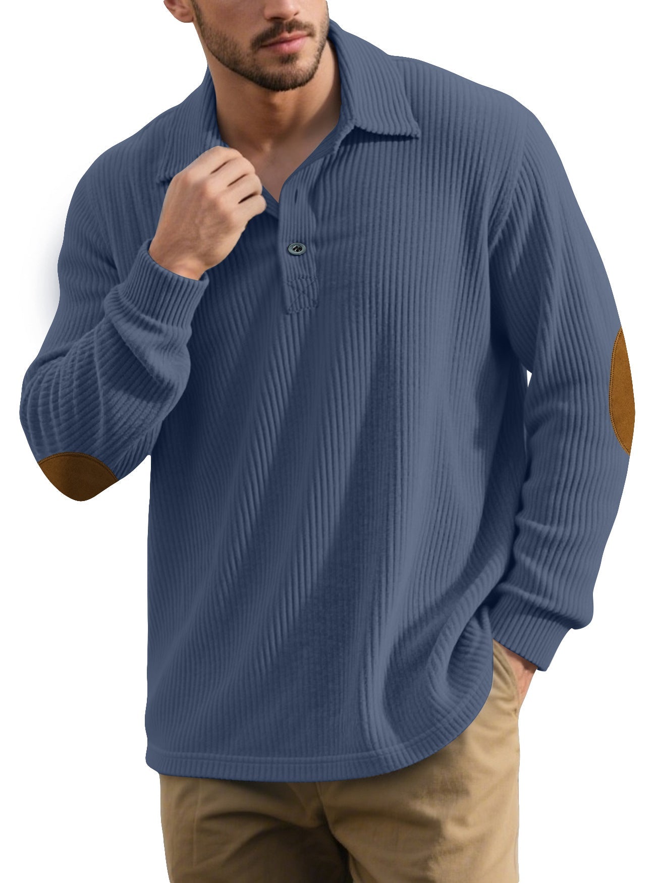 Herren nan gerippter Freizeit-Polo mit Kentkragen, kurzer Knopfleiste und Velours-Ellenbogenpatch R&B