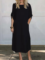 Damen lässiges Maxikleid mit praktischen Taschen und hochgekrempelten Ärmeln R&B