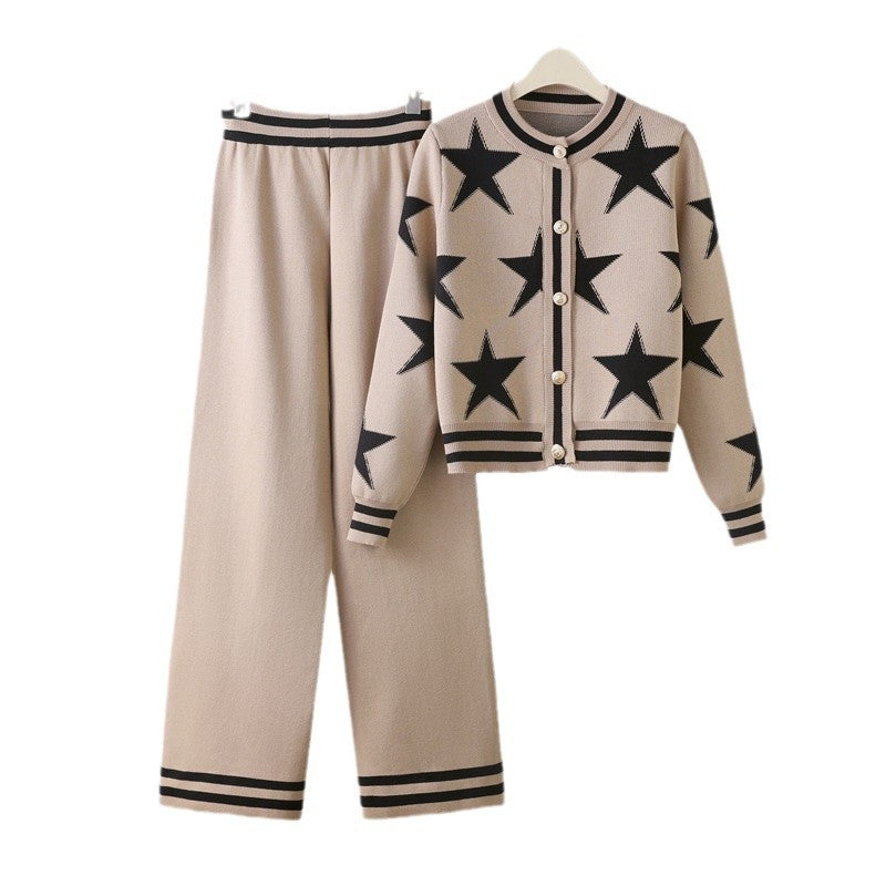 Damen modisches Strick-Loungewear-Set mit Sternenmuster und kontrastierenden Details R&B