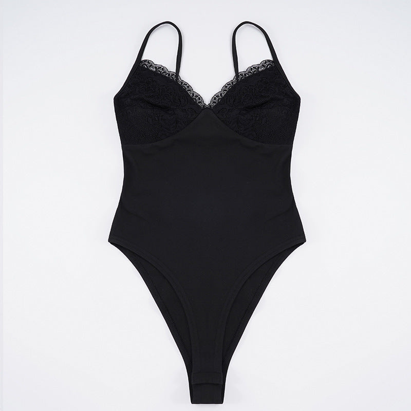 Damen eleganter Spitzen-Bodysuit mit feinen Trägern R&B
