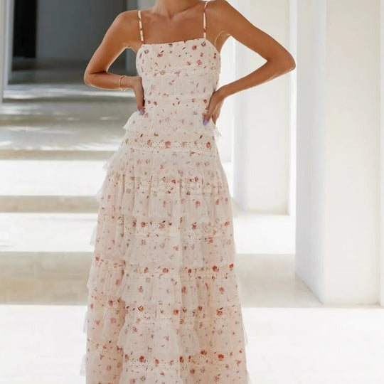 Damen Maxikleid mit floralen Rüschendetails und Spaghettiträgern R&B