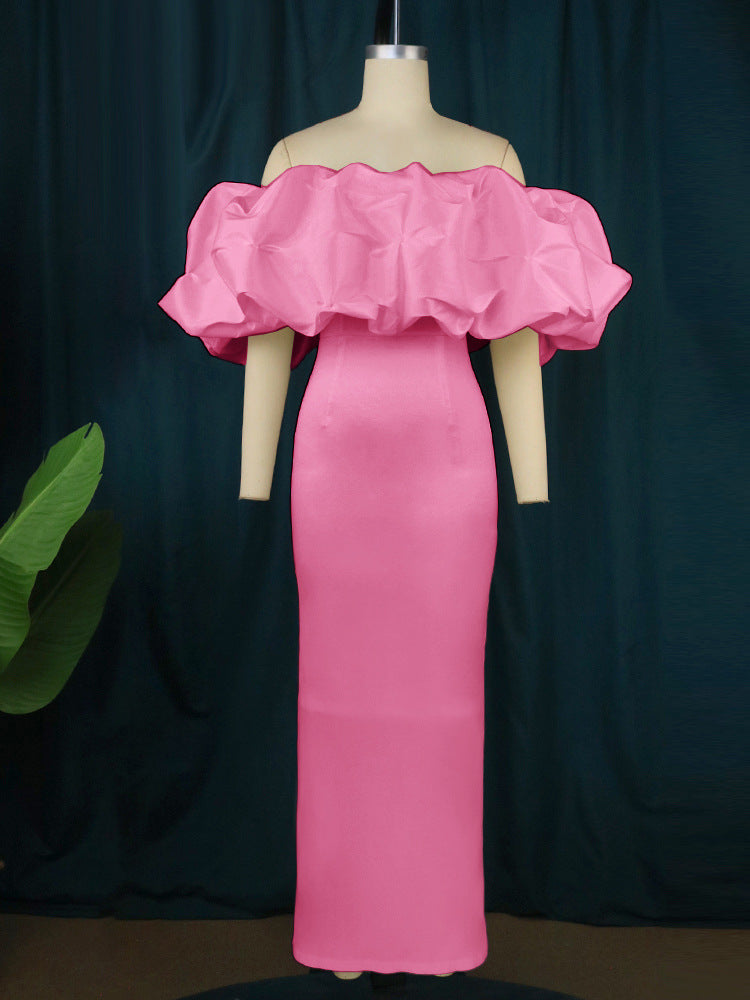 Damen Elegantes Off-Shoulder Maxikleid mit voluminösen Rüschensäumen R&B