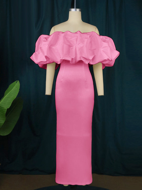 Damen Elegantes Off-Shoulder Maxikleid mit voluminösen Rüschensäumen R&B