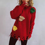 Damen lässiger Oversize-Pullover mit fransigen Details und bunten Applikationen R&B