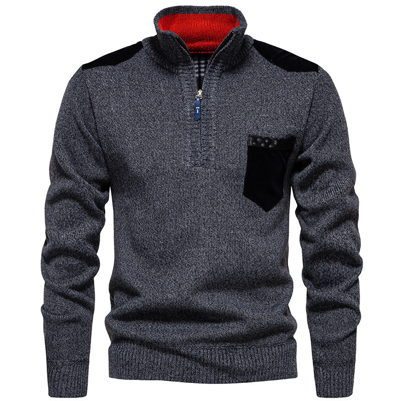 Herren Stehkragenpullover mit kontrastierenden Details und praktischen Taschen R&B