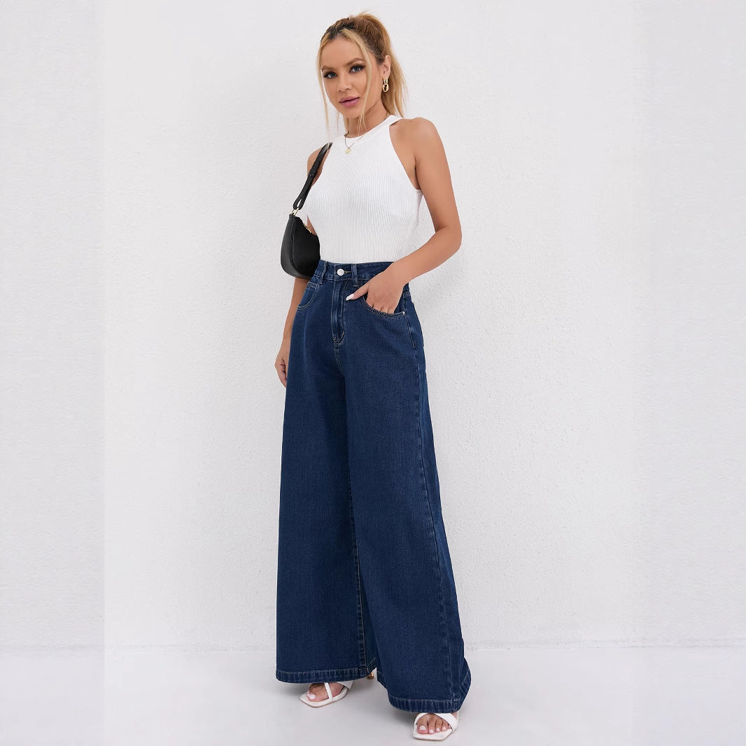 Damen Weite Denim-Jeans mit hoch tailliertem Schnitt und trendigen Details R&B