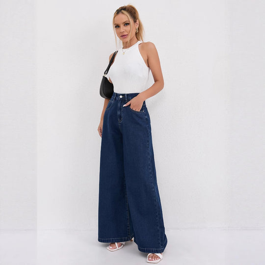 Damen Weite Denim-Jeans mit hoch tailliertem Schnitt und trendigen Details R&B