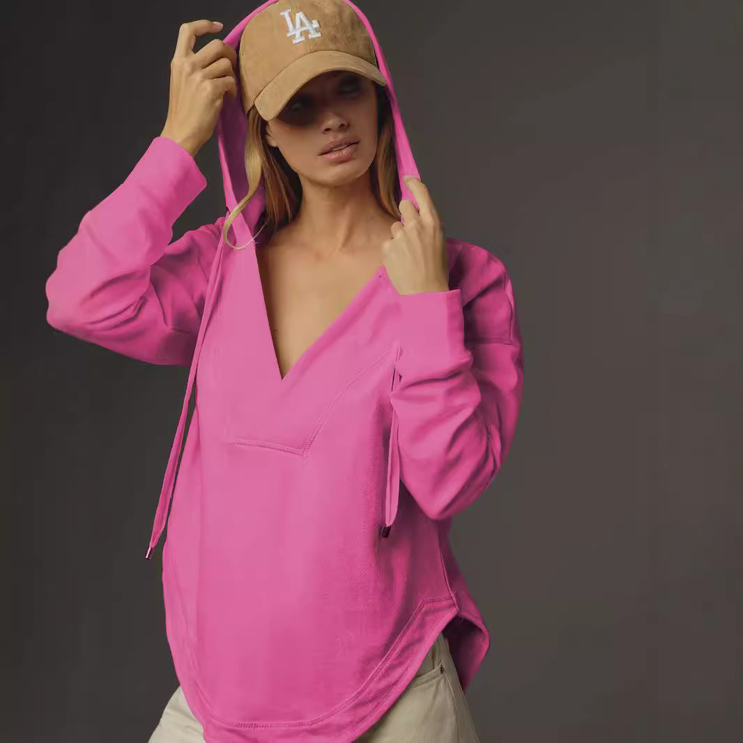Damen Lässiger Kapuzenpulli mit V-Ausschnitt und bequemen Ärmeln R&B