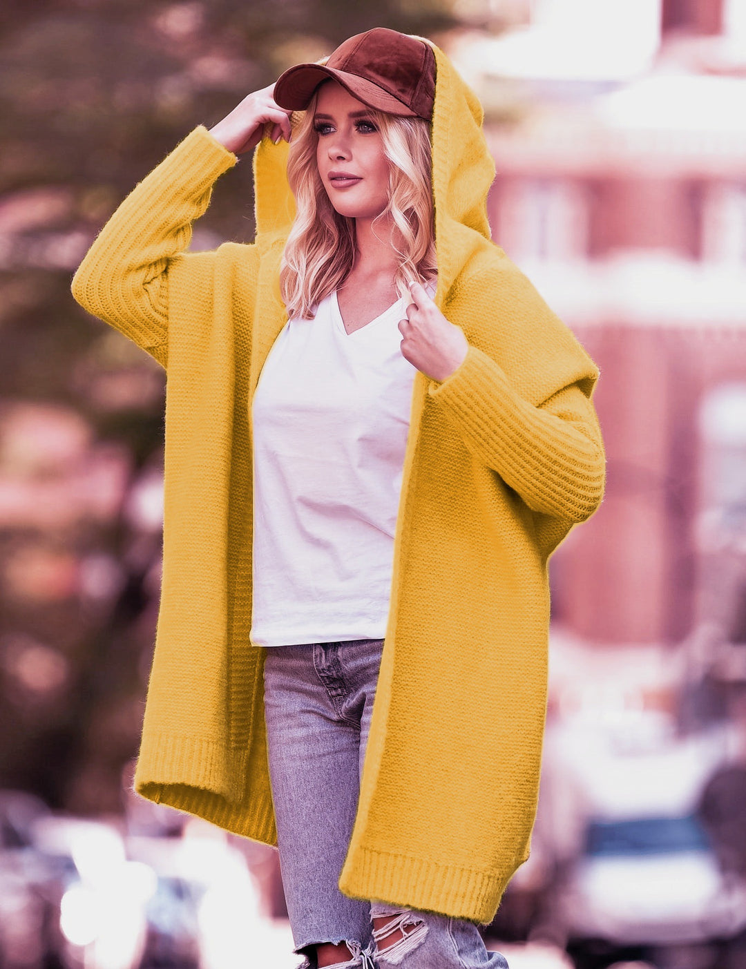 Damen lässiger Strickcardigan mit Kapuze und großen Taschen R&B