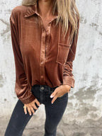 Damen Elegante Veloursbluse mit Brusttasche R&B