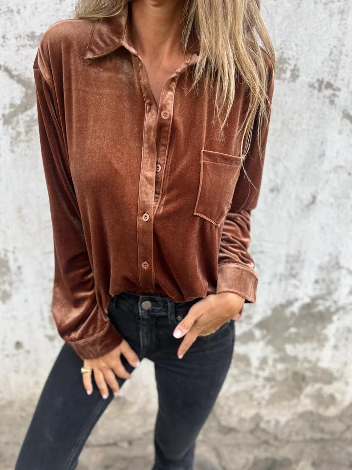 Damen Elegante Veloursbluse mit Brusttasche R&B
