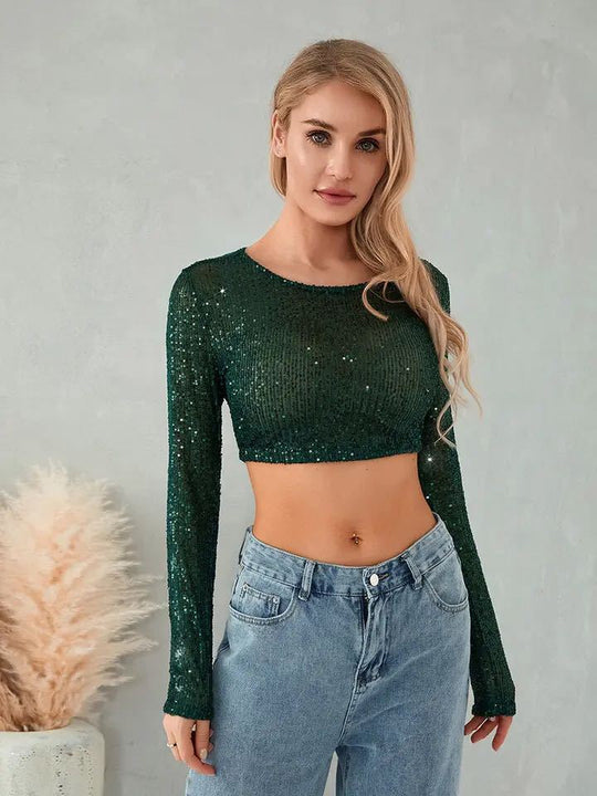 Damen Glitzerndes Crop-Top mit langen Ärmeln und figurbetontem Schnitt R&B