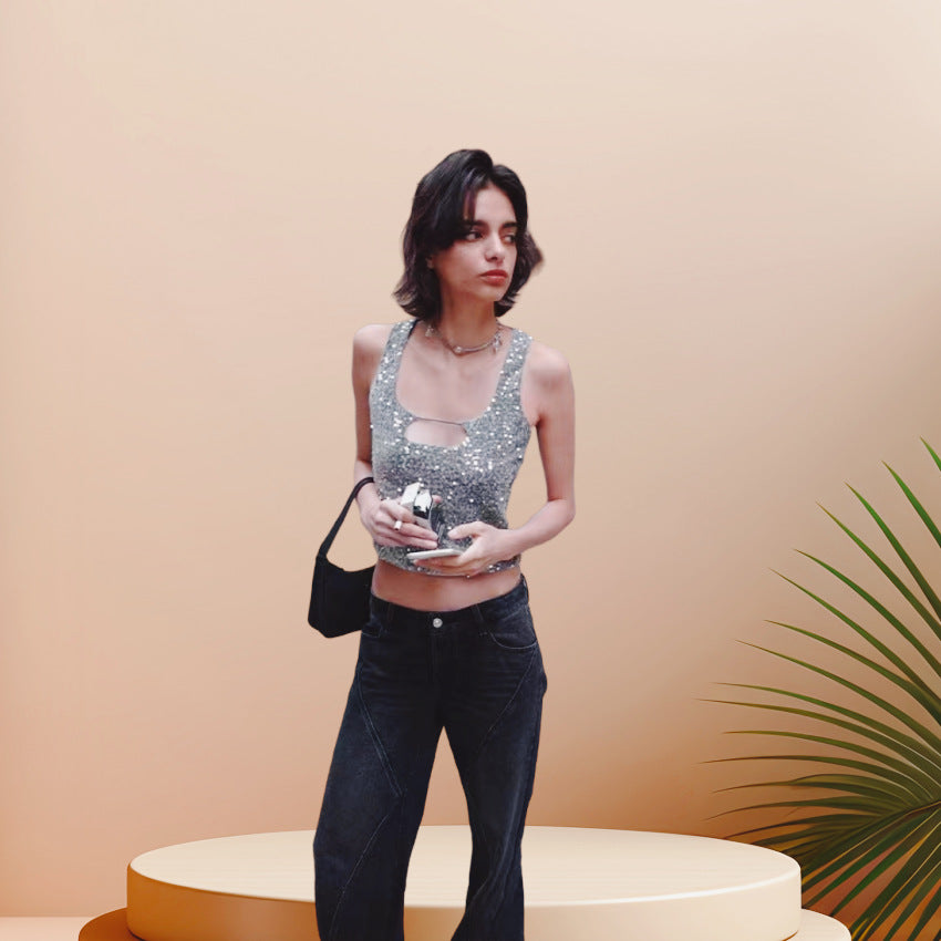Damen Glitzerndes Crop-Top mit schimmerndem Effekt und scoop-cut Ausschnitt R&B