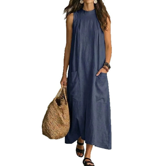 Damen nan ärmelloses Leinen-Maxikleid mit Stehkragen, Brustfalten und aufgesetzten Taschen R&B