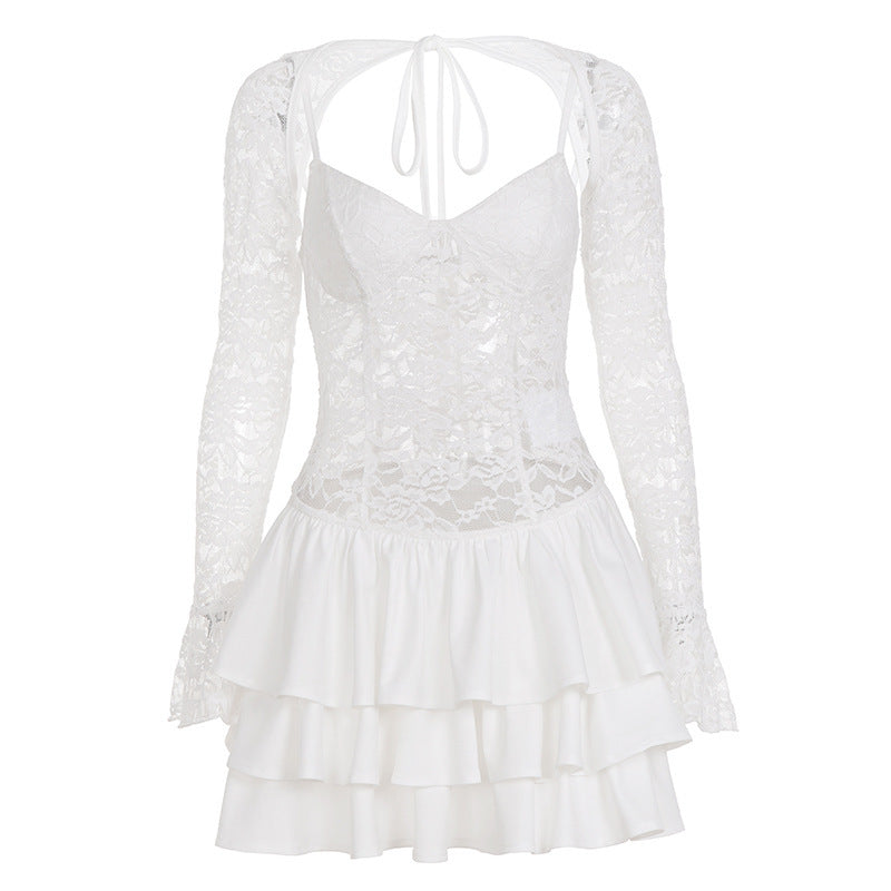 Damen Elegantes Spitzenkleid mit Rüschensaum und langen Ärmeln R&B