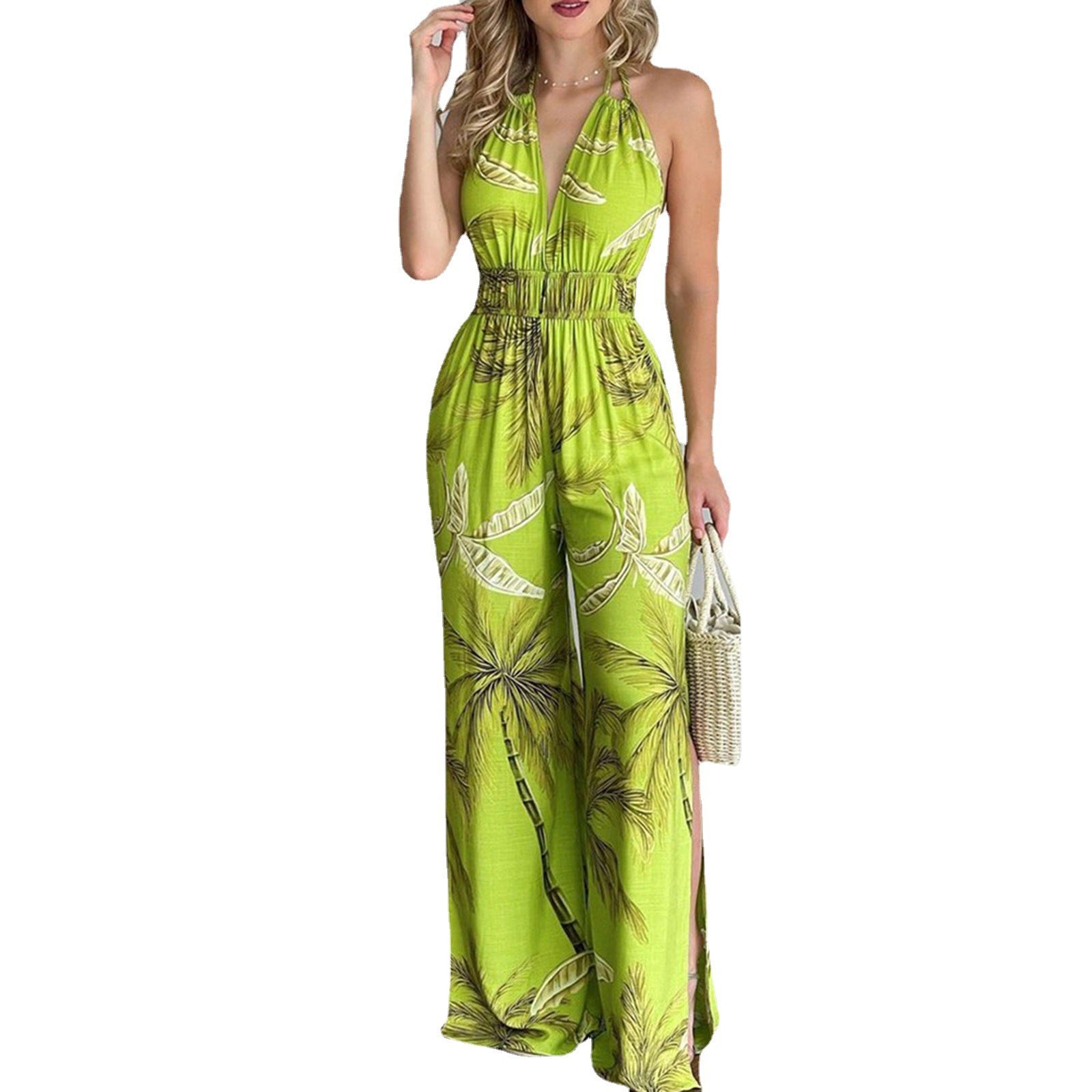 Damen eleganter Jumpsuit mit Spaghettiträgern und hohen Seitenschlitzen R&B