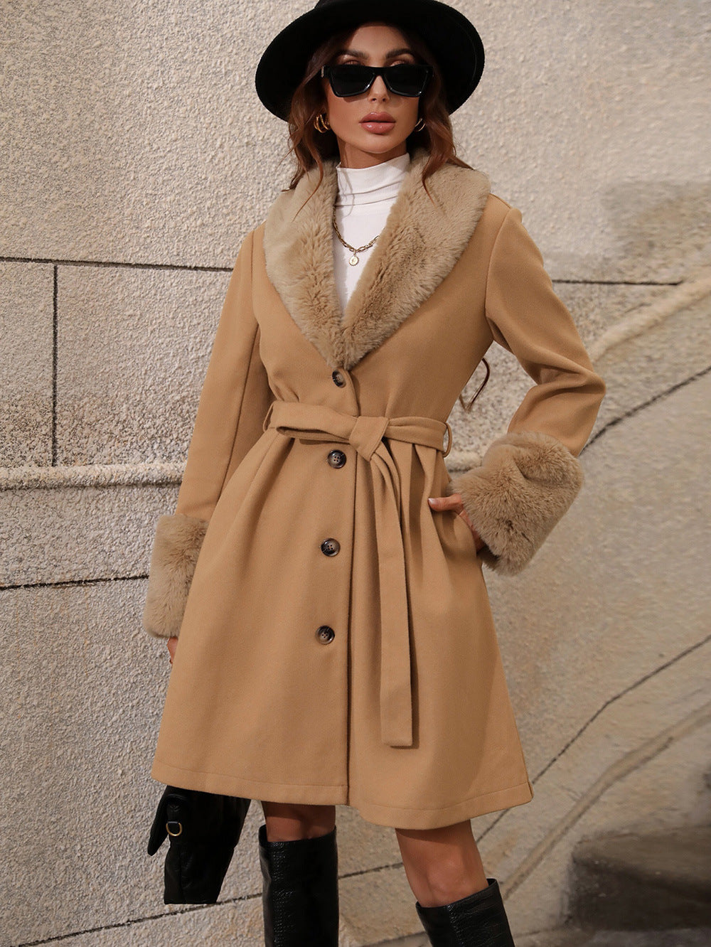 Damen Elegante Übergangsjacke mit weichem Kragen und Bindegürtel R&B