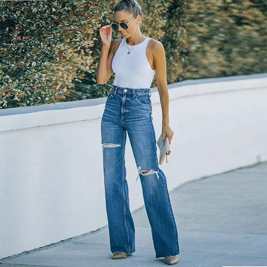 Damen Weit geschnittene High-Waist Jeans mit modischen Destroyed-Details R&B