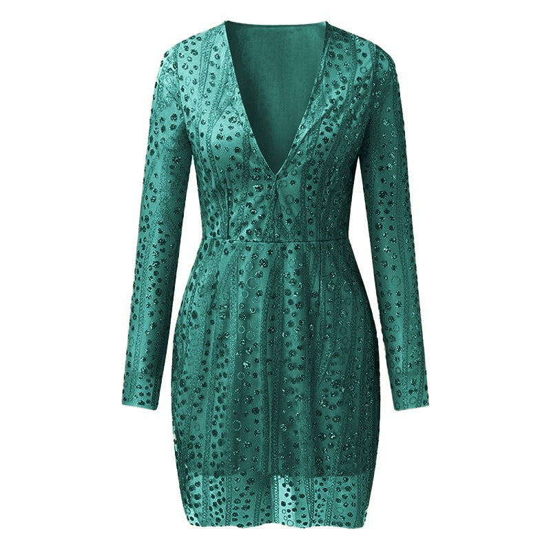 Damen Elegantes Cocktailkleid mit tiefem V-Ausschnitt und funkelnden Pailletten R&B