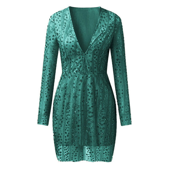 Damen Elegantes Cocktailkleid mit tiefem V-Ausschnitt und funkelnden Pailletten R&B