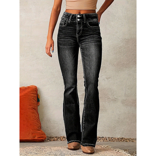 Damen Bootcut Jeans mit hohem Bund und modischen Knöpfen R&B