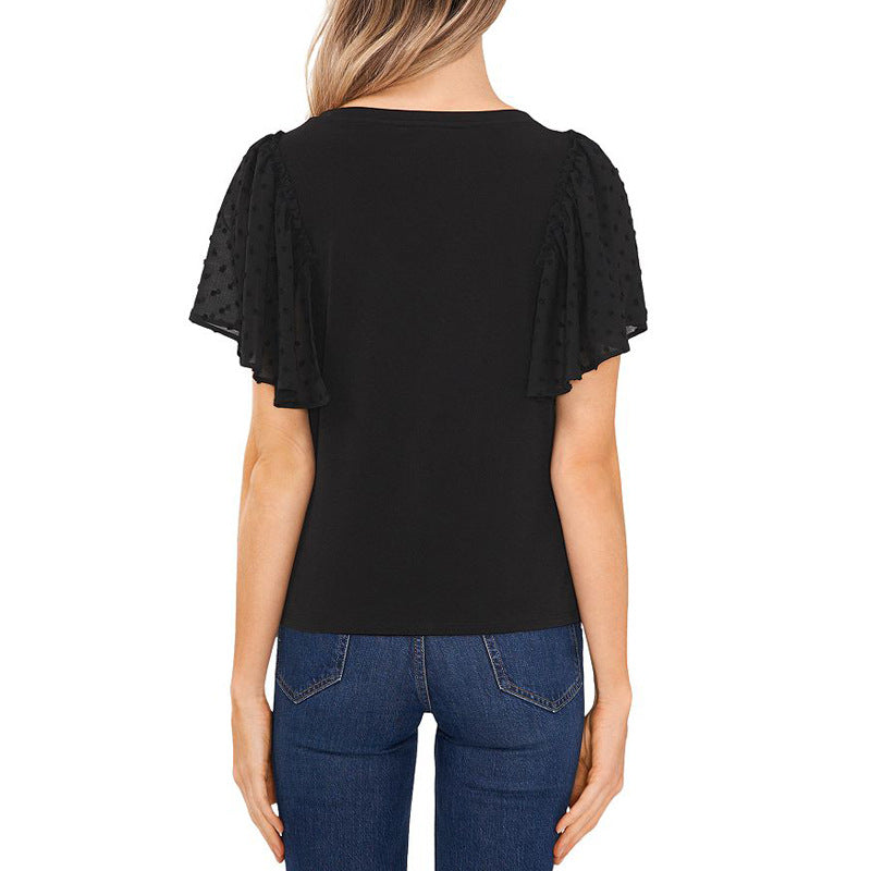 Damen V-Ausschnitt Bluse mit transparenten Rüschenschultern R&B
