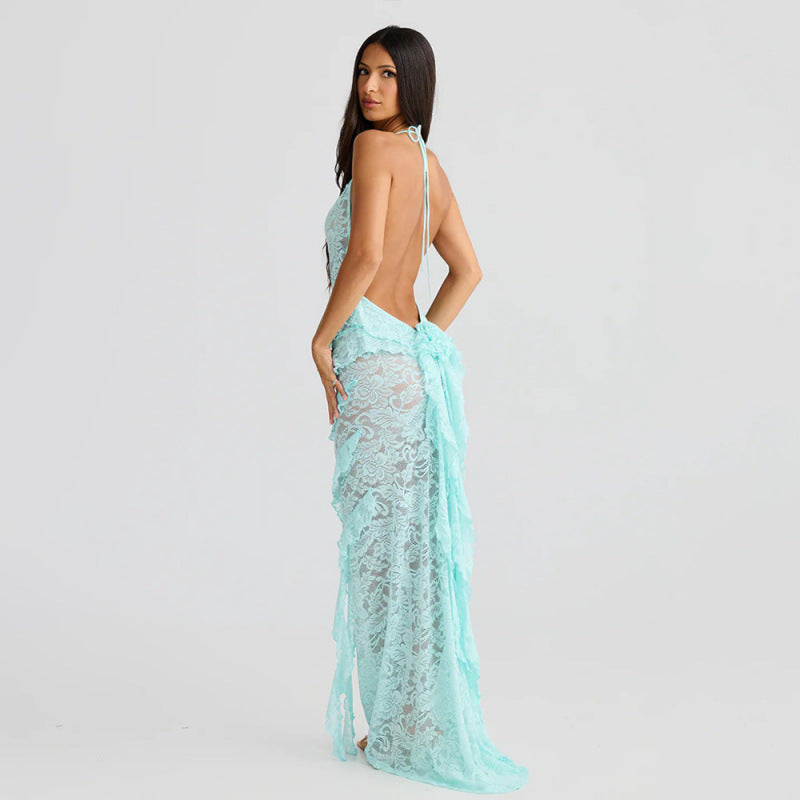 Damen verführerisches Spitzenkleid mit asymmetrischem Saum und Rüschendetails R&B