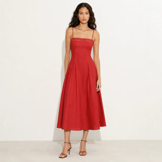 Damen nan Vintage-inspiriertes Midikleid mit schmalen Spaghettiträgern, Spitzenpassé und ausgestelltem Tellerrock R&B