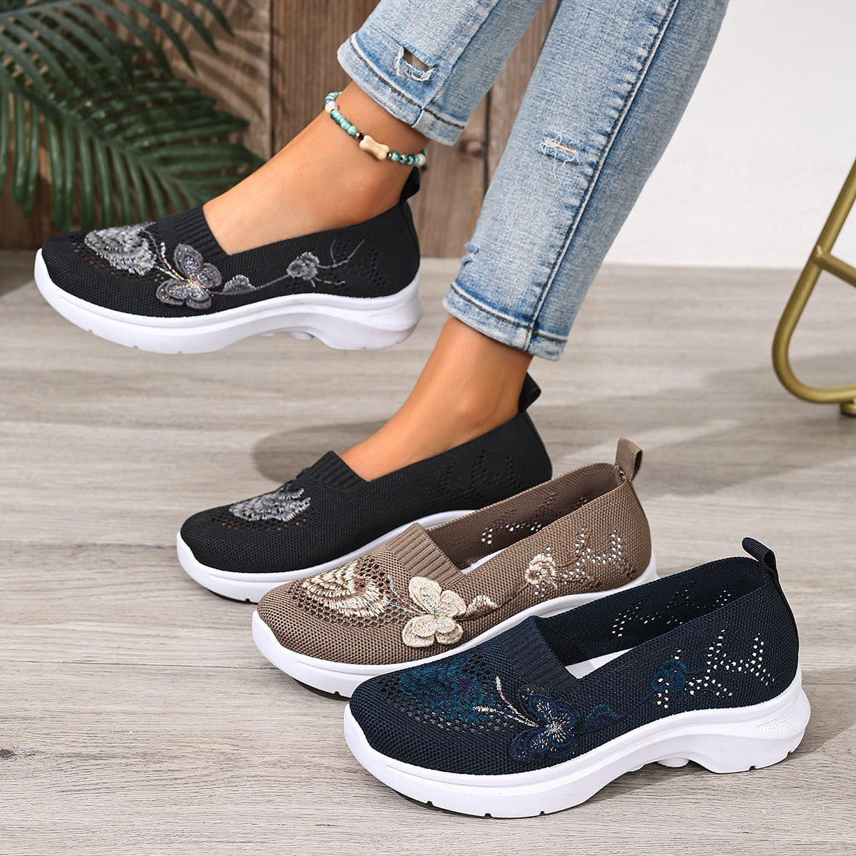 Damen Komfortable und atmungsaktive Slip-On Laufsohle mit floralem Dekor R&B