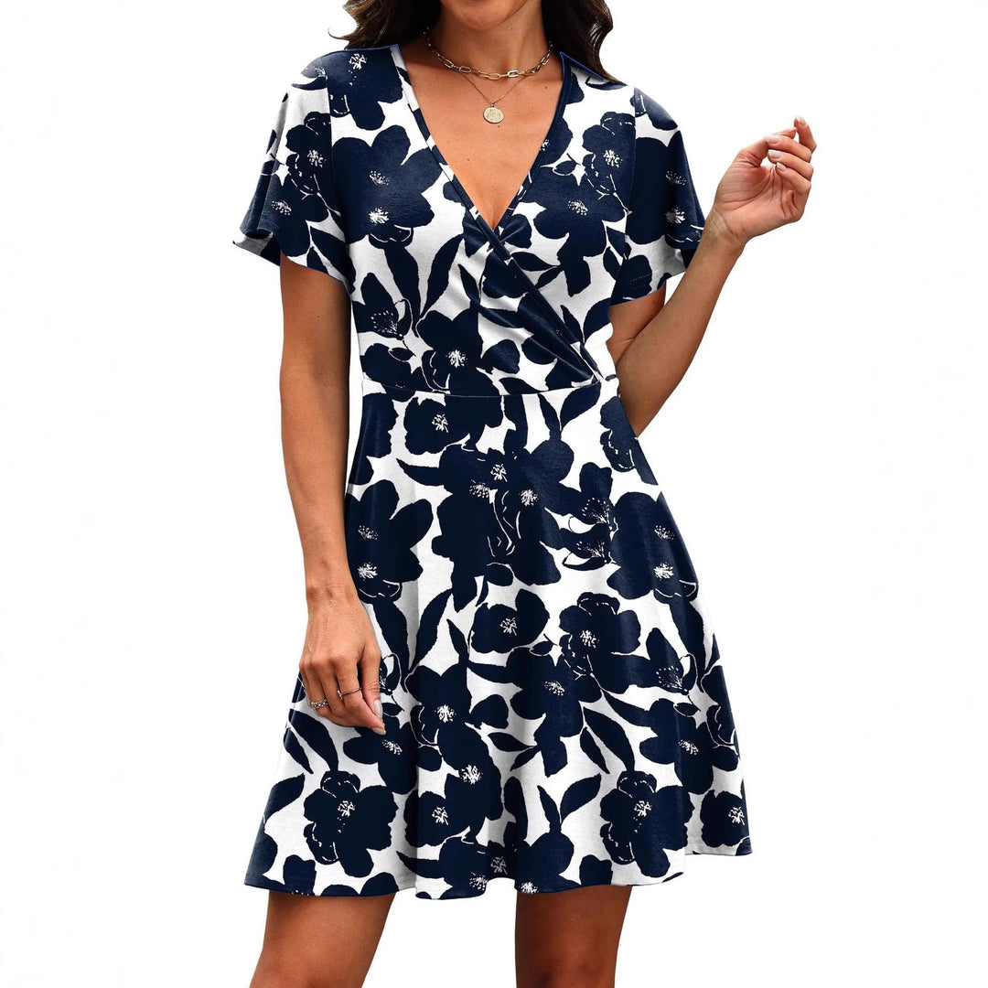 Damen Kurzärmeliges Wickelkleid mit floralen Mustern und V-Ausschnitt R&B