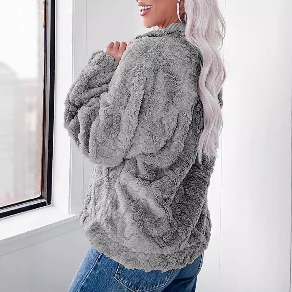 Damen Oversized Fleece-Pullover mit Stehkragen und Kunstpelz-Wabenstruktur R&B