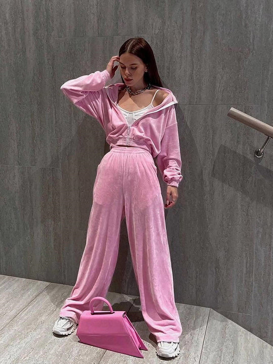 Damen Freizeit-Loungewear-Set aus samtigem Material mit hohem Kragen und Reißverschluss R&B