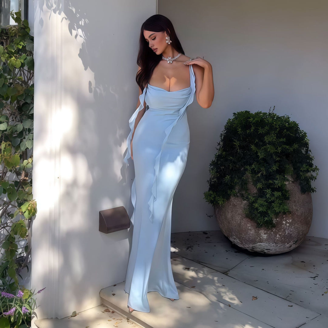 Damen Elegantes Maxi-Kleid mit asymmetrischen Rüschendetails und tiefem V-Ausschnitt R&B