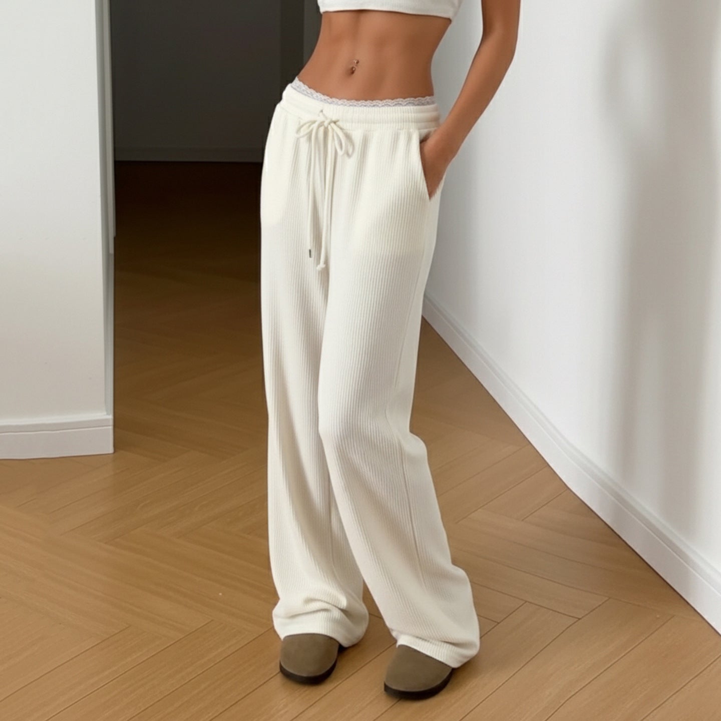 Damen Weite Lounge-Hosen mit elastischem Bund und Bindegürtel R&B