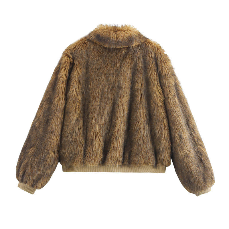Damen elegante Kunstpelzjacke mit breitem Kragen R&B