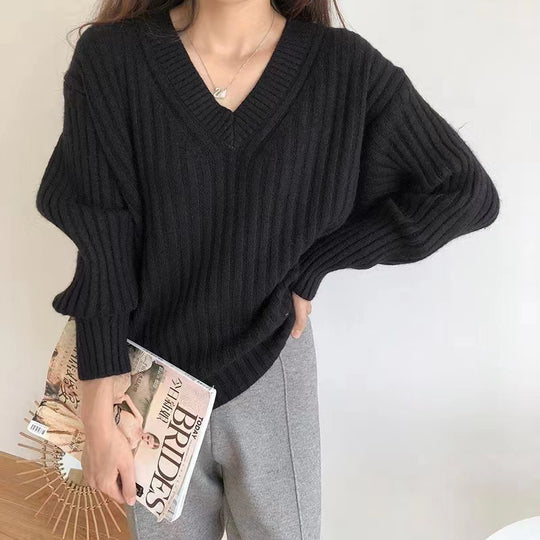 Damen Viskose-Strickpullover mit V-Ausschnitt und geripptem Design R&B