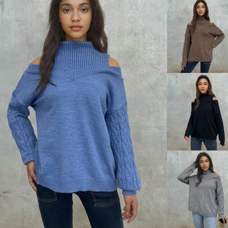 Damen Pullover mit schulterfreien Ärmeln und Zopfmuster R&B
