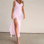 Damen Maxikleid mit tiefem V-Ausschnitt und asymmetrischem Rüschensaum R&B