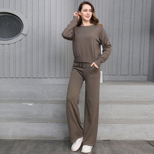 Damen gemütliches Strick-Loungewear-Set mit weitem Schnitt und praktischen Taschen R&B