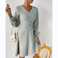 Damen fließendes V-Ausschnitt Kleid mit langen Ärmeln und weichem Fleece